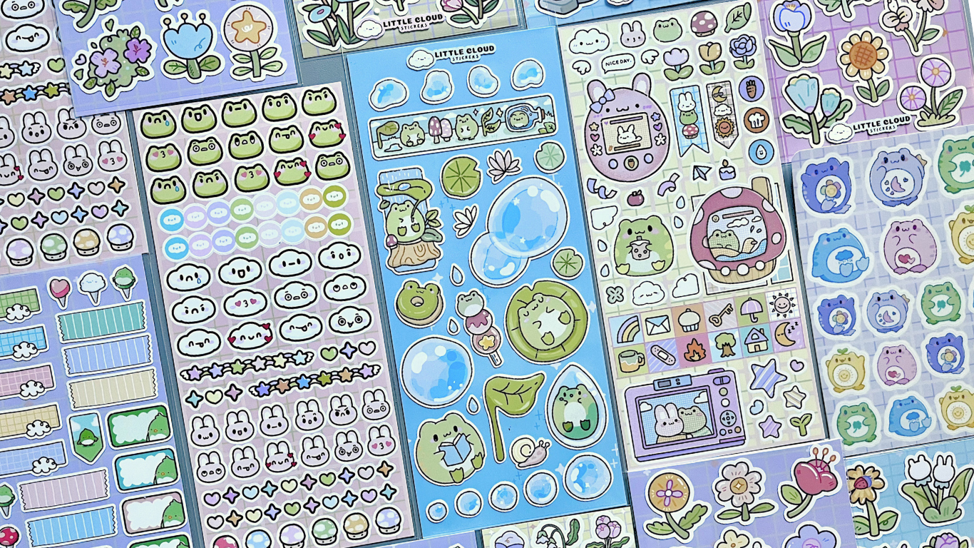 A collection of Little Cloud's Sticker sheets displayed